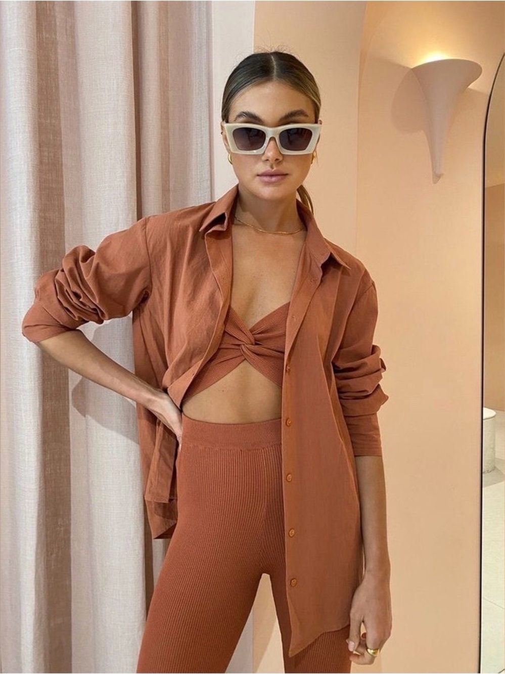 Terracotta Ribbed Knit Set with Oversized Shirt